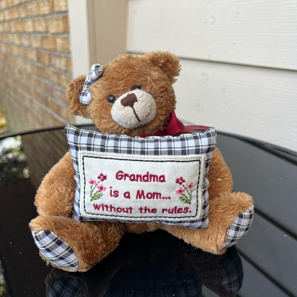 Plaid Brown Teddy Bear with Embroidered Pillow “Grandma is a Mom…”